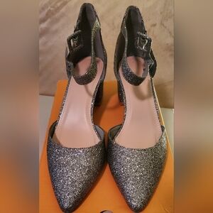 Elegant Dark Grey Silver Glitter Women's Low Heels Size 7.5
